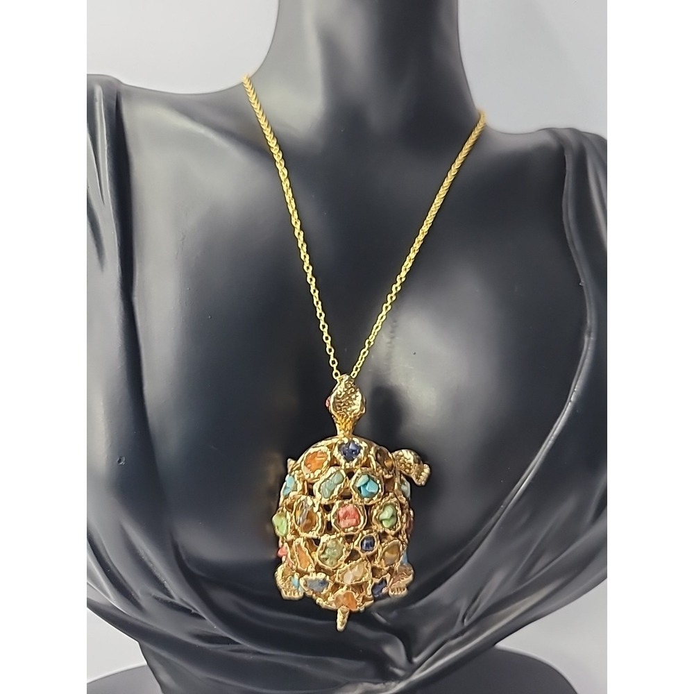 Vintage Jeweled Turtle Pendant Necklace Gold Tone Colored Cabochon Stones Boho